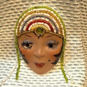 Vintage 1988 Flapper Girl Porcelain Face Brooch Beaded Art Deco Style